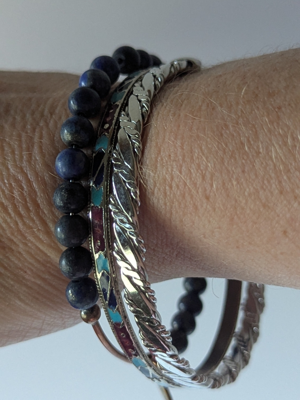 Silvertone and Blue Beaded Stackable Bracelet Set - Picture 5 of 9